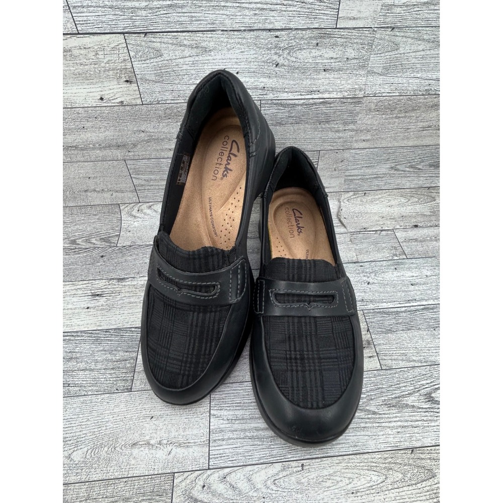 Clarks Collection Black Plaid Ultimate Comfort Penny Loafers Women Sz 6.5M